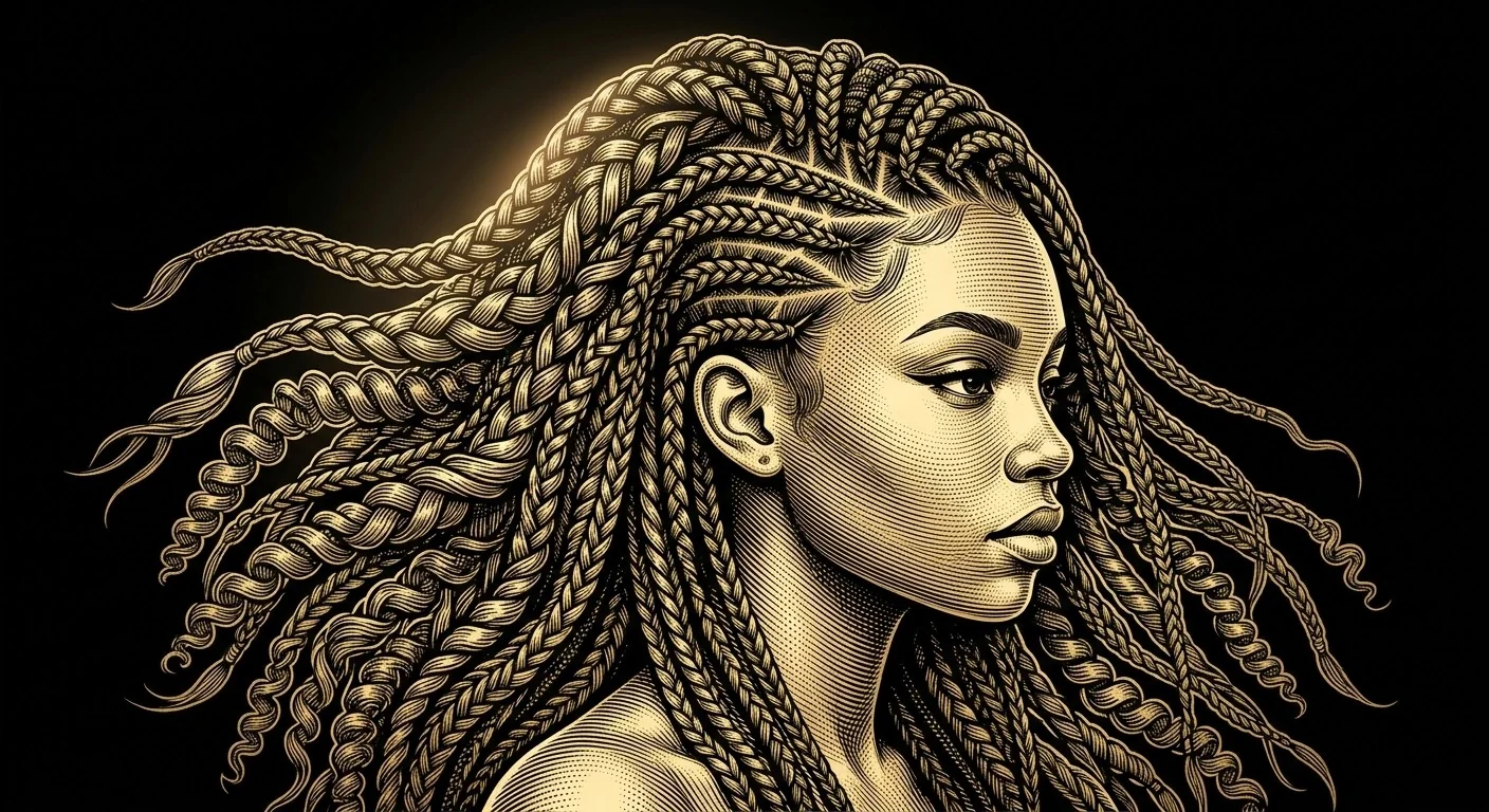 Gold illustration of a woman with long, flowing braids